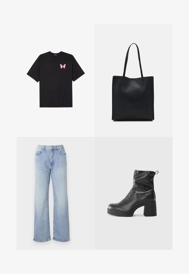 Must muströöpidega must puuvillane T-särk, vasakul rinnal on väike roosa liblikas. Ümar kaelus ja vabalt istuv lõige.; Heledad sinine laiad teksad, mis on valmistatud denimist, kõrge taljega, viie taskuga ja kerge soondega äärisega.; Mustad mustad ansapüksid, mis on valmistatud siledast nahast, külje zipperiga, paksu tekstuuriga kontsaga ja ümmarguse nina disainiga.; Mustast nahast kott sujuva tekstuuriga, ristkülikukujuline ja kahe pika sangaga. Pole nähtavat riistvara ega kaunistusi.