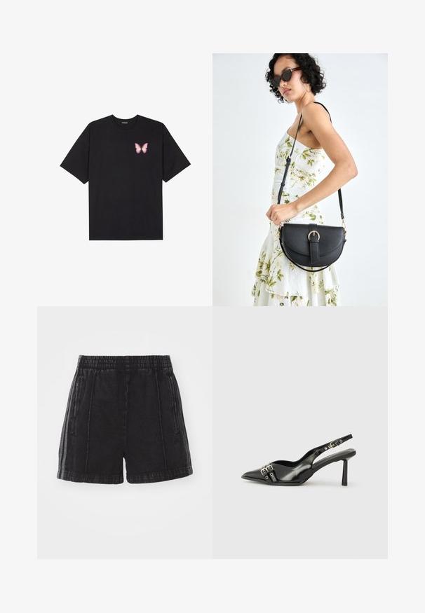 T-shirt de algodão preto com mangas curtas, apresentando um pequeno gráfico de borboleta rosa no lado esquerdo do peito. Design de gola redonda com um corte solto.; Calças de ganga pretas com um cós elástico, bolsos laterais com zíper e riscas laterais em contraste. Textura desgastada e comprimento acima do joelho.; Sapato slingback preto em pele patentada com bico apontado, tiras no tornozelo apresentando fivelas e acessórios prateados, e um salto elegante.; Bolsa de couro preta com forma curva, alça destacável e detalhes em dourado. A bolsa possui uma aba com detalhe de fivela.