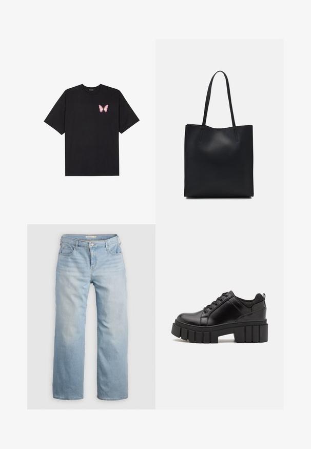 T-shirt de algodão preto com mangas curtas, apresentando um pequeno gráfico de borboleta rosa no lado esquerdo do peito. Design de gola redonda com um corte solto.; Jeans de perna larga azul claro feitos de denim. Apresentam uma cintura alta, cinco bolsos e costura em contraste. Textura suave com um acabamento desbotado.; Sapatos de plataforma em couro preto com um salto bloco robusto, bico redondo e design clássico de atacadores. Apresentam uma textura suave e detalhes mínimos.; Bolsa tote preta em couro com textura lisa, forma retangular e duas alças longas. Sem hardware ou enfeites visíveis.