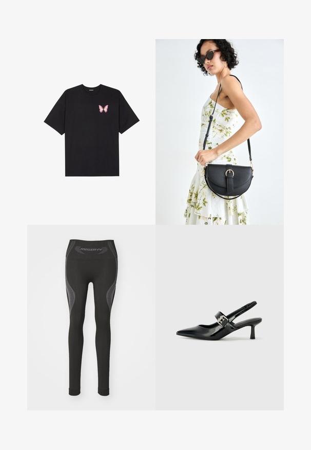 Fekete pamut póló rövid ujjakkal, bal mellkason egy kis rózsaszín pillangó grafikával. Kerek nyakú kialakítás, laza fazonnal.; Fekete leggings magas derékkal, szürke díszítő elemekkel és texturált panelek a oldalán. Ruganyos anyagból készült.; Fekete lakkbőr slingback sarkú cipők hegyes orral és kis blokk talppal, ezüst csat díszítéssel a pánton.; Fekete bőrtáska ívelt formával, levehető pánttal és arany színű fémrészekkel. A táskán egy csattal díszített fedél található.; Egy ezüst fülbevaló készlet különböző formákkal: pöttyös, karika és csepp stílusok csillogó díszítésekkel geometriai és tematikus formákban.