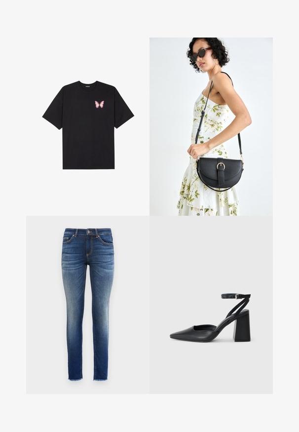 Črna bombažna majica s kratkimi rokavi, ki ima majhen roza metuljček na levi strani prsnega dela. Majica s krožnim ovratnikom in sproščenim krojem.; Oprijete jeans hlače iz denima, s prelivom od temno modre do svetlo modre, pet žepnim dizajnom in raztrganim robom na gležnjih.; Črne usnjene klasične čevlje z ostrim nosom, z zaponko za gleženj in debelim peto. Ravna tekstura, eleganten dizajn in minimalistična estetika.; Črna usnjena torbica s ukrivljeno obliko, z odstranljivo naramnico in zlatimi dodatki. Torbica ima pokrov s podrobnostmi v obliki zaponke.; Tri para uhani: veliki beli biserni uhani, zlate obroče s prozornimi dragulji in dva dolga, ravna zlate uhan s svetlečimi podrobnostmi.