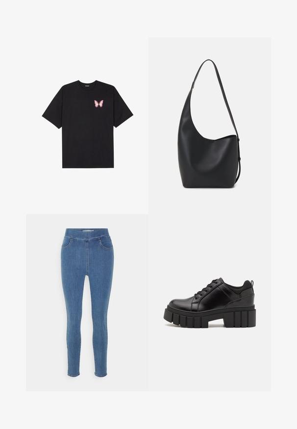 T-shirt de algodão preto com mangas curtas, apresentando um pequeno gráfico de borboleta rosa no lado esquerdo do peito. Design de gola redonda com um corte solto.; Jeggings de denim azul com textura suave, cintura alta, design de cinco bolsos e pernas ajustadas. Comprimento padrão com bainha simples.; Sapatos de plataforma em couro preto com um salto bloco robusto, bico redondo e design clássico de atacadores. Apresentam uma textura suave e detalhes mínimos.; Saco hobo preto em pele com uma textura lisa, forma curva e uma única alça ajustável; apresenta uma abertura larga na parte de cima.