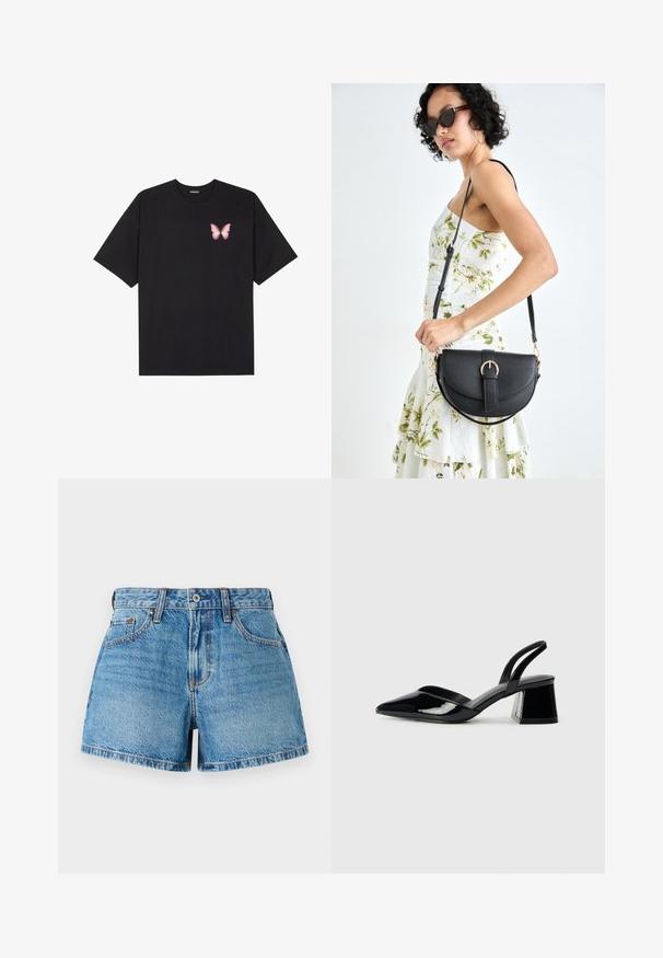 Zwarte katoenen t-shirt met korte mouwen, voorzien van een kleine roze vlinder graphic op de linkerkant van de borst. Crew neck ontwerp met een relaxte fit.; Denim shorts in een lichtblauwe wassing, met een hoge taille, traditioneel vijf-pocket ontwerp en contrasterende stiksels voor een gedetailleerde textuur.; Zwarte gepatineerde leren slingback hakken met een spitse neus en een geometrische blokhak. Kenmerkt zich door een slank, minimalistisch ontwerp en een gladde textuur.; Zwarte leren handtas met een gebogen vorm, afneembare schouderband en gouden hardware. De tas heeft een klep met een gespsluiting.