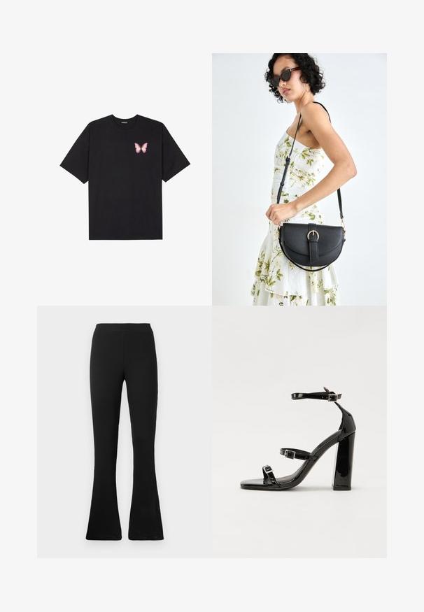 Black cotton t-shirt with short sleeves, featuring a small pink butterfly graphic on the left chest. Crew neck design with a relaxed fit.; Black ribbed flared pants with a high waist. Soft, elastic material provides a form-fitting silhouette and flared bottom for style and comfort.; Black patent high-heeled sandals with two buckle straps, square toe, and a chunky block heel, featuring a smooth, glossy texture.; Black leather handbag with a curved shape, detachable strap, and gold hardware. The bag features a flap with a buckle detail.