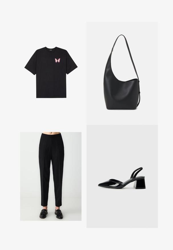 T-shirt nera in cotone con maniche corte, caratterizzata da una piccola grafica di una farfalla rosa sul lato sinistro del petto. Design a girocollo con una vestibilità rilassata.; Pantaloni neri su misura con vita aderente, gamba con pieghe e gamba affusolata. Tessuto liscio con finitura opaca, abbinati a mocassini neri.; Décolleté in vernice nera con punta affusolata e tacco in geometria cubica. Presentano un design elegante e minimalista, con una texture liscia.; Borsa hobo nera in pelle con una superficie liscia, forma curvata e una singola tracolla regolabile; presenta un'ampia apertura nella parte superiore.