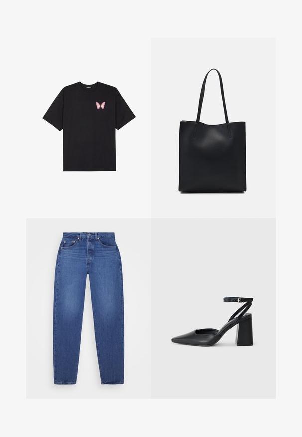 Svart bomulls T-skjorte med korte ermer, med en liten rosa sommerfugl grafikk på venstre bryst. Crew-neck design med en avslappet passform.; Blå denim jeans med rett ben, fem lommer, koppernitter og en falmet tekstur. Klassisk midje med glidelåslukking.; Svart lær pumps med spiss tå, ankelrem og kraftig hæl. Flat tekstur, strømlinjeformet design og minimalisme.; Svart lær tote bag med glatt tekstur, rektangulær form og to lange håndtak. Ingen synlige deler eller dekorasjoner.