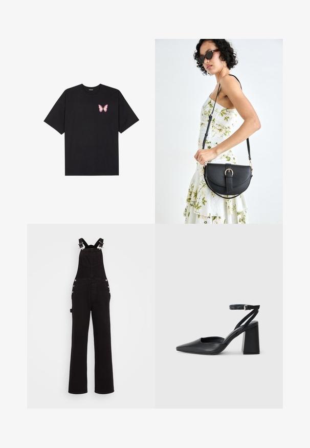 Crna pamučna majica s kratkim rukavima, s malim grafičkim prikazom ružičaste vjetricaste s desne strane na prsima. Dizajn s okruglim izrezom i opuštenim krojem.; Crne traperice s širokim nogavicama, podesivim naramenicama, bočnim gumbima i prednjim džepovima. Glatka tekstura i čvrsta tkanina.; Crne kožne cipele s špicastim vrhom, remenom oko gležnja i debelim potplatom. Ravna tekstura, elegantan dizajn i minimalistička estetika.; Crna kožna torba s lukovitim oblikom, odvojivim remenom i zlatnim detaljima. Torba ima preklop s kopčom.