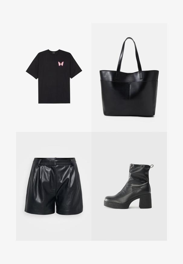 Black cotton t-shirt with short sleeves, featuring a small pink butterfly graphic on the left chest. Crew neck design with a relaxed fit.; Black leather shorts with a smooth texture, featuring a tailored design, pleats at the front, and a fitted waistband.; Black ankle boots made of smooth leather, featuring a side zipper, chunky textured heel, and rounded toe design.; Black leather tote bag with two long handles, a smooth texture, and a structured shape. Features a front pocket for additional storage.