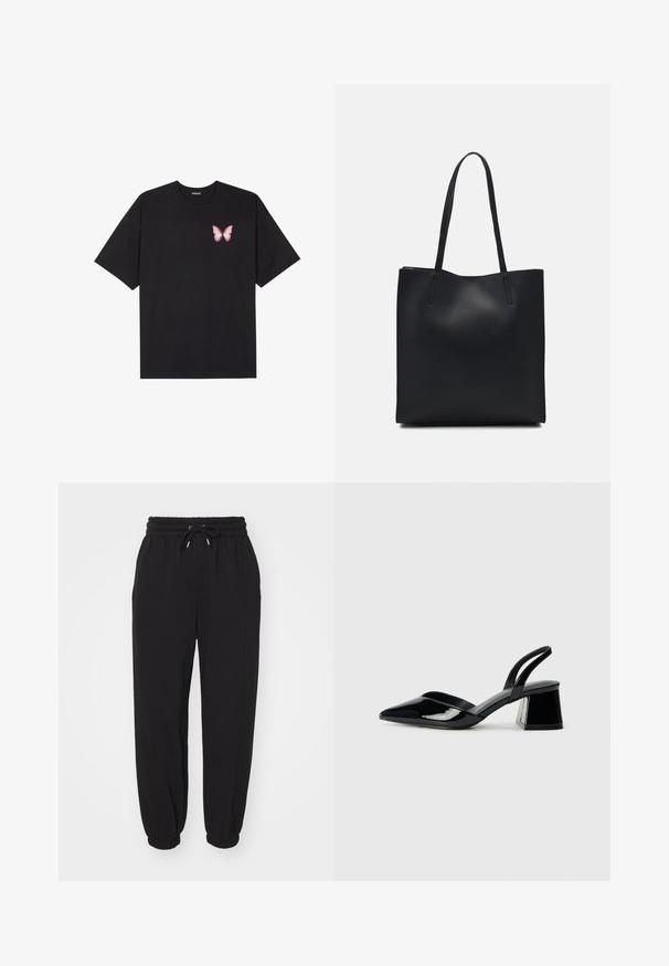 Fekete pamut póló rövid ujjakkal, bal mellkason egy kis rózsaszín pillangó grafikával. Kerek nyakú kialakítás, laza fazonnal.; GAP BAGGY - Tréningruha alsók - true black; Fekete lakk bőr szandálkés magas sarkú cipő, hegyes orral és geometrikus tömbsarkakkal. Karcsú, minimalista dizájn és sima textúra jellemzi.; Fekete bőrtáska sima felszínnel, téglalap alakú, két hosszú füllel. Nincs látható fémkiegészítő vagy díszítés.