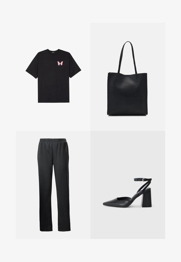 Camiseta de algodón negra de manga corta, con un pequeño gráfico de mariposa rosa en el lado izquierdo del pecho. Diseño de cuello redondo con un corte relajado.; Pantalones deportivos negros con una cintura elástica, piernas rectas y un discreto detalle de logo en el lateral, fabricados en una tela suave y ligera.; Zapato de tacón puntiagudo de cuero negro con tira en el tobillo y tacón ancho. Textura plana, diseño elegante y estética minimalista.; Bolso tote de cuero negro con textura lisa, forma rectangular y dos asas largas. Sin herrajes ni adornos visibles.