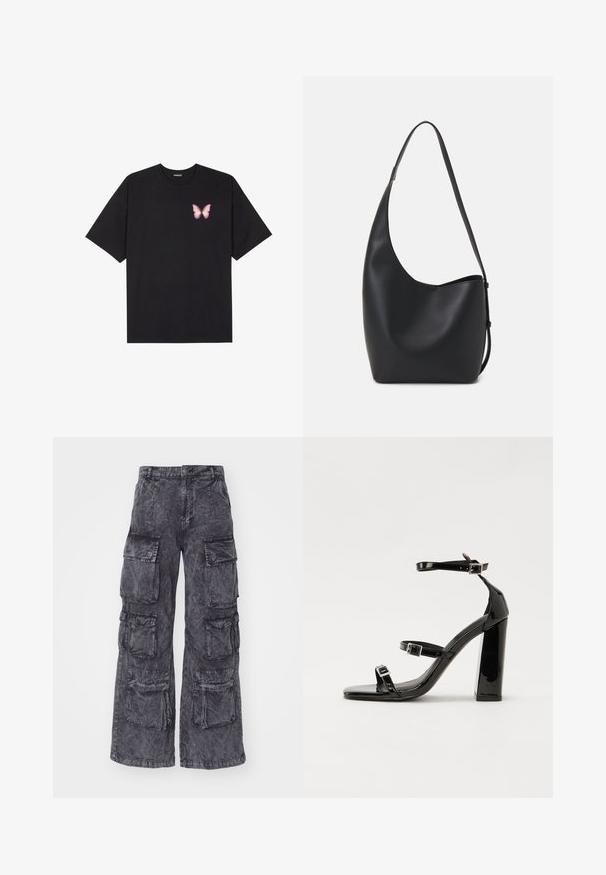 T-shirt en coton noir à manches courtes, avec un petit graphique de papillon rose sur la poitrine gauche. Modèle à col rond avec une coupe décontractée.; Alpha Industries MULTIPOCKET PANT - Pantalon cargo - black; Sandales à talons vernies noires avec un bout carré, des sangles autour de la cheville et des boucles en argent. Dotées d'un talon bloc épais pour plus de stabilité.; Sac hobo en cuir noir avec une texture lisse, une forme incurvée et une seule sangle réglable ; dispose d'une large ouverture en haut.