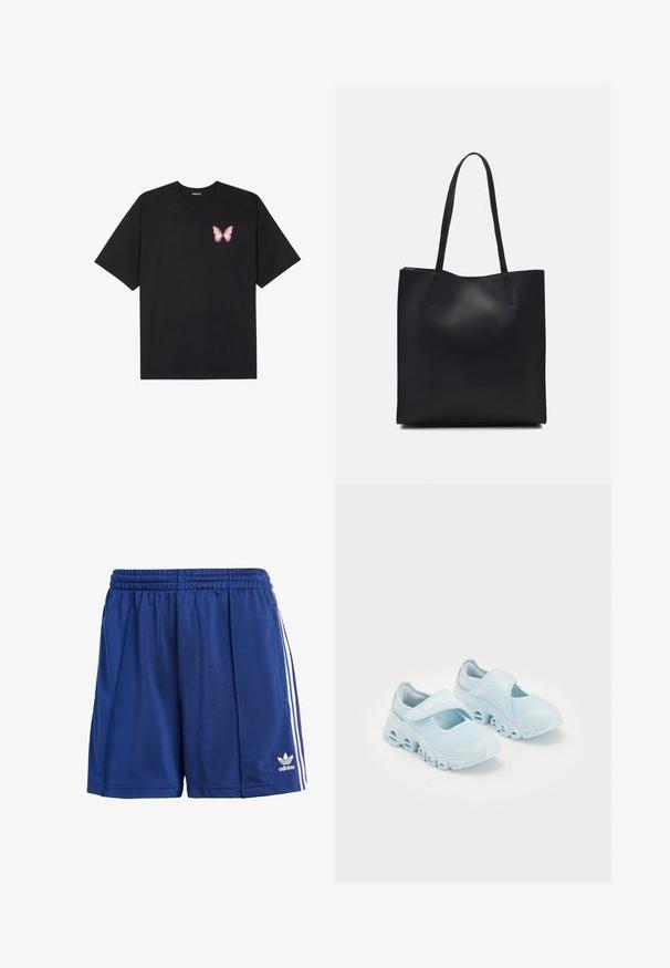 T-shirt de algodão preto com mangas curtas, apresentando um pequeno gráfico de borboleta rosa no lado esquerdo do peito. Design de gola redonda com um corte solto.; Calções desportivos azuis feitos de um tecido suave, apresentando uma cintura elástica, riscas brancas nas laterais e um pequeno logótipo na bainha inferior.; Ténis azul claro com tecido em malha, cortes proeminentes na sola e uma correia de Velcro na parte superior para um ajuste seguro.; Bolsa tote preta em couro com textura lisa, forma retangular e duas alças longas. Sem hardware ou enfeites visíveis.