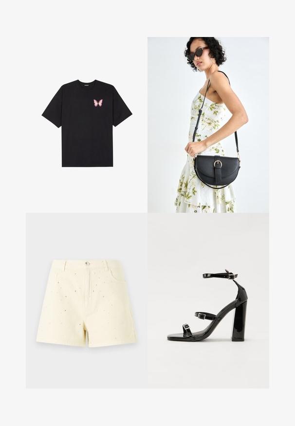 Musta puuvillapaita lyhyillä hihoilla, jossa on pieni vaaleanpunainen perhosgrafiikka vasemmassa rinnassa. Pyöreä kaula-aukko ja rento istuvuus.; Keltaiset farkkushortsit, joissa on korkea vyötärö ja rento istuvuus, esittävät pieniä hopeanvärisiä niittejä hajautettuna edessä yksityiskohtana.; Musta kiiltävä korkokenkä sandaalit neliönmuotoisella varpaalla, nilkkaremmillä ja hopeisilla soljilla. Varustettu tukevalla lohkokorkealla vakauden takaamiseksi.; Musta nahkainen käsilaukku, joka on kaareva muotoilultaan, irrotettavalla hihnalla ja kultaisilla yksityiskohdilla. Laukussa on läppä, jossa on solk yksityiskohta.