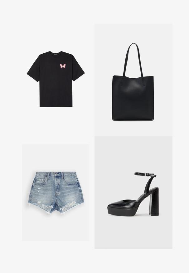 Black cotton t-shirt with short sleeves, featuring a small pink butterfly graphic on the left chest. Crew neck design with a relaxed fit.; Denim shorts in light blue with a distressed finish. Features frayed hems and two front pockets. Button closure at the waist.; Black platform heels with a pointed toe and adjustable ankle strap. Constructed from smooth leather, featuring a chunky block heel.; Black leather tote bag with smooth texture, rectangular shape, and two long handles. No visible hardware or embellishments.