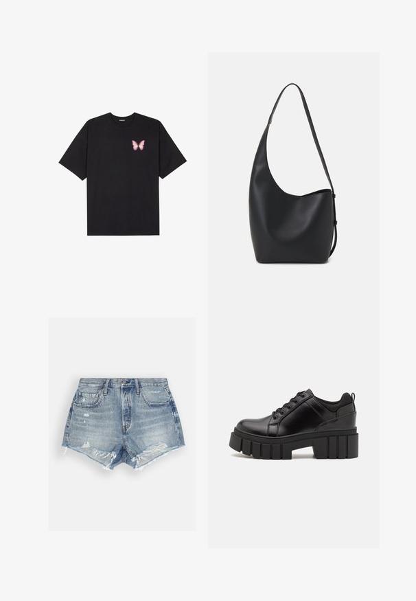 Melna kokvilnas T-krekls ar īsām piedurknēm, kuram priekšā kreisajā pusē ir neliels rozā tauriņa grafiskais attēls. Ar apaļu kaklu un brīvā stila piegriezumu.; Gai zilas džinsu šorti ar nolietotu apdari. Iekļauj plīsušas malās un divas priekšējās kabatas. Pogājama aizdare jostasvietā.; Melnas ādas platformas kurpes ar masīvu bloku papēdi, apaļu purngalu un tradicionālu saistīšanas dizainu. Izceļas ar gludu tekstūru un minimālu apdari.; Melnas ādas hobo soma ar gludu tekstūru, izliekta forma un vienu regulējamu jostu; augšā ir plaša atvere.