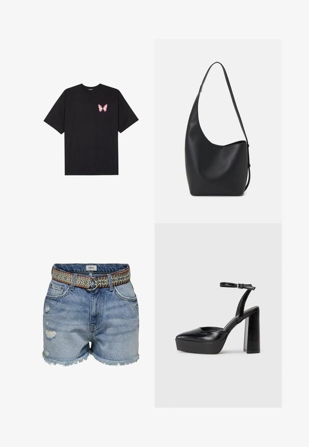 Juodas medvilnės marškinėliai trumpomis rankovėmis, su maža rožine drugelio grafika kairėje krūtinės pusėje. Apvalus kaklo iškirpimas, laisvas kirpimas.; ONLY Džinsiniai šortai - medium blue denim; Juodi platforminiai aukšti kulniukai su smailiu kojų pirštu ir reguliuojamu kulkšnies dirželiu. Pagaminti iš lygaus odos, turi masyvų blokinį kulną.; Juodas odinis hobo maišas su lygiu paviršiumi, kreipta forma ir viena reguliuojama rankena; turi platų atidarymą viršuje.