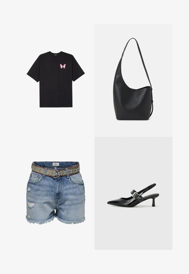 Črna bombažna majica s kratkimi rokavi, ki ima majhen roza metuljček na levi strani prsnega dela. Majica s krožnim ovratnikom in sproščenim krojem.; ONLY Kratke hlače iz džinsa - medium blue denim; Črne patent usnjene slingback pete s koničastim nosom in majhnim blok peto, ki vključujejo srebrno zaponko na traku.; Črna usnjena hobo torba z gladko teksturo, ukrivljeno obliko in eno nastavljivo naramnico; ima širok odprtina na vrhu.