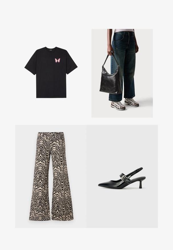 Svart bomulls T-skjorte med korte ermer, med en liten rosa sommerfugl grafikk på venstre bryst. Crew-neck design med en avslappet passform.; Bredde ben bukser laget av stoff med et beige og svart zebra-mønster, med høy midje og tradisjonell fem-lomme design.; Svarte patent lær slingback hæler med spiss tå og en liten blokkheel, med en sølvspenne som detalj på stroppen.; Sort skinnveske med en glatt tekstur og justerbar stropp, kombinert med falmede vide jeans og atletiske sneakers.
