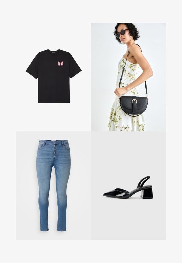 Svart bomulls T-skjorte med korte ermer, med en liten rosa sommerfugl grafikk på venstre bryst. Crew-neck design med en avslappet passform.; ONLY Carmakoma CARHUSH MID BUTTON BOX - Jeans Skinny Fit - light blue; Svarte patentlær slingback hæler med spiss tå og geometrisk blokk hæl. Har et stilrent, minimalistisk design og jevn tekstur.; Svart lærveske med en buet form, avtagbar stropp og gullbeslag. Vesken har et klaff med spenne-detall.