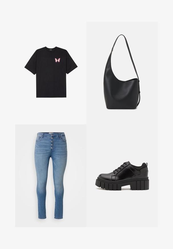 Črna bombažna majica s kratkimi rokavi, ki ima majhen roza metuljček na levi strani prsnega dela. Majica s krožnim ovratnikom in sproščenim krojem.; ONLY Carmakoma CARHUSH MID BUTTON BOX - Oprijete (skinny) kavbojke - light blue; Črne usnjene platforme z debelim blokastim petam, okroglo konico in klasičnim vezanjem. Imajo gladko teksturo in minimalne podrobnosti.; Črna usnjena hobo torba z gladko teksturo, ukrivljeno obliko in eno nastavljivo naramnico; ima širok odprtina na vrhu.