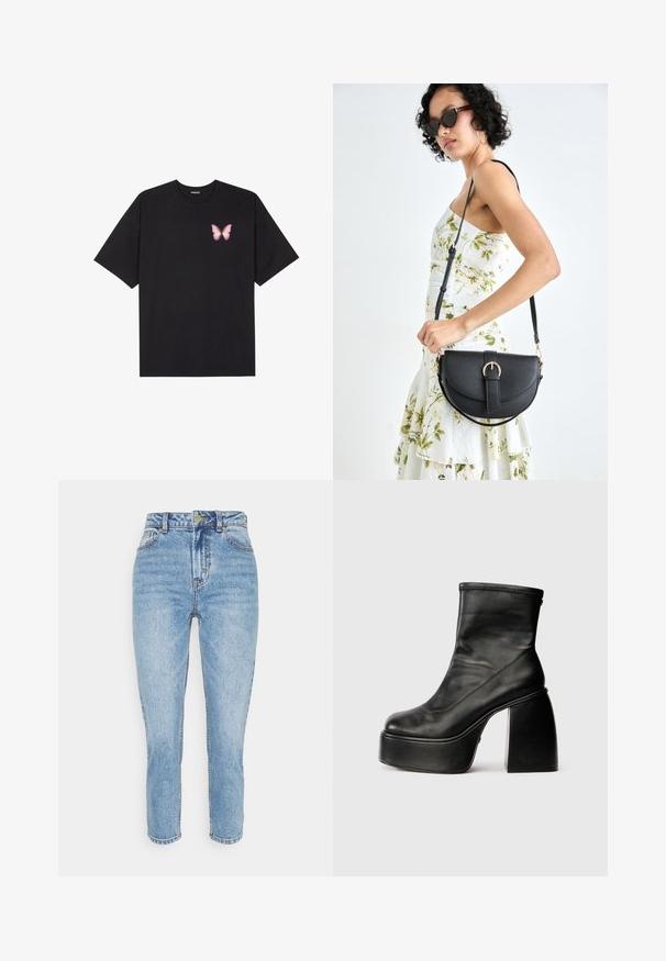 Crna pamučna majica s kratkim rukavima, s malim grafičkim prikazom ružičaste vjetricaste s desne strane na prsima. Dizajn s okruglim izrezom i opuštenim krojem.; Svijetloplave traperice visokog struka, ravnog kroja i izblijedjelog izgleda. Imaju pet džepova te kopčanje na dugme i patentni zatvarač.; Crne kožne gležnjače s zaobljenim vrhom, glatkom teksturom i istaknutim blok petama. Imaju bočni patentni zatvarač. Minimalistički dizajn.; Crna kožna torba s lukovitim oblikom, odvojivim remenom i zlatnim detaljima. Torba ima preklop s kopčom.