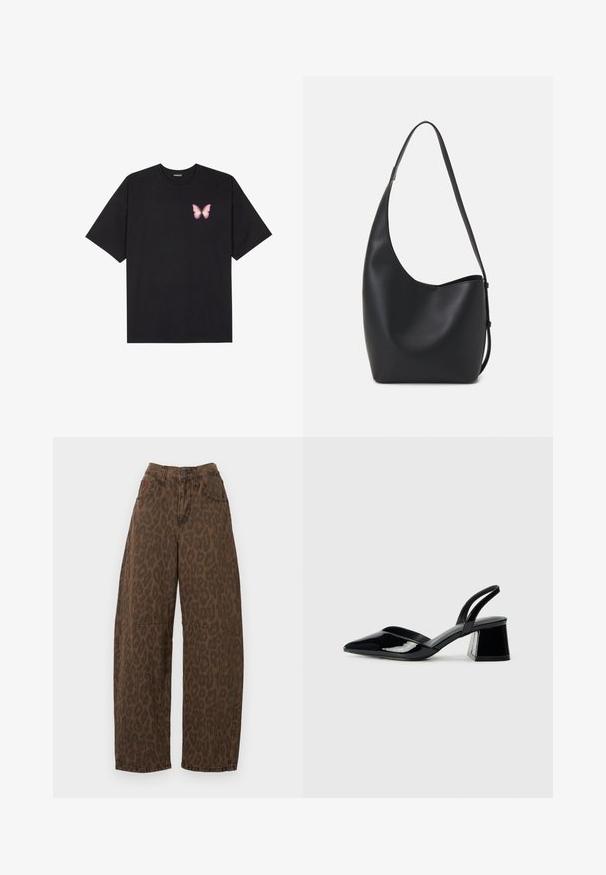 Czarny bawełniany t-shirt z krótkim rękawem, z małym różowym motylkiem na lewej piersi. Klasyczny dekolt z luźnym fasonem.; Brązowe dżinsy w panterkę o szerokich nogawkach, z wysokim stanem, zapinane na guzik, z dwiema przednimi kieszeniami. Wykonane z denimu o gładkiej fakturze.; Czarne lakierowane półbuty na obcasie z wydłużonym noskiem i geometrycznym słupkiem. Charakteryzują się eleganckim, minimalistycznym designem oraz gładką fakturą.; Czarna skórzana torba hobo o gładkiej fakturze, zaokrąglonym kształcie i pojedynczym, regulowanym pasku; posiada szerokie otwarcie na górze.