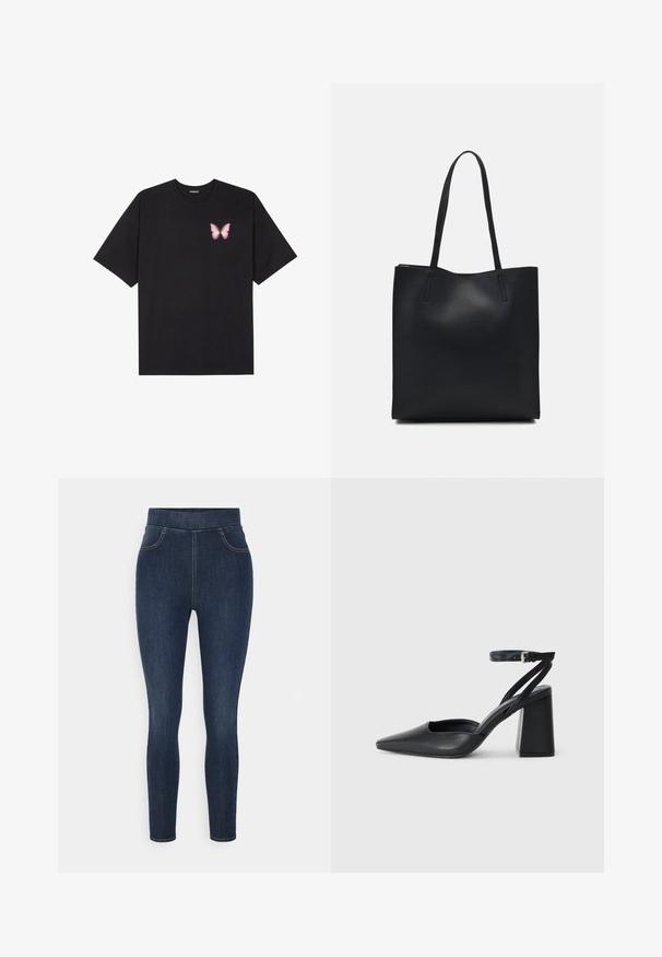 Must muströöpidega must puuvillane T-särk, vasakul rinnal on väike roosa liblikas. Ümar kaelus ja vabalt istuv lõige.; Tumedast sinisest denimist jeggingsid, millel on kõrge vöökoht, peen vorm ja õrn kulumine. Includes esikotid ja sile, pehme tekstuur.; Mustmustest must-käigukingad, millel on konksuga nöör ja paks konts. Ühtlane tekstuur, stiilne disain ja minimalistlik esteetika.; Mustast nahast kott sujuva tekstuuriga, ristkülikukujuline ja kahe pika sangaga. Pole nähtavat riistvara ega kaunistusi.