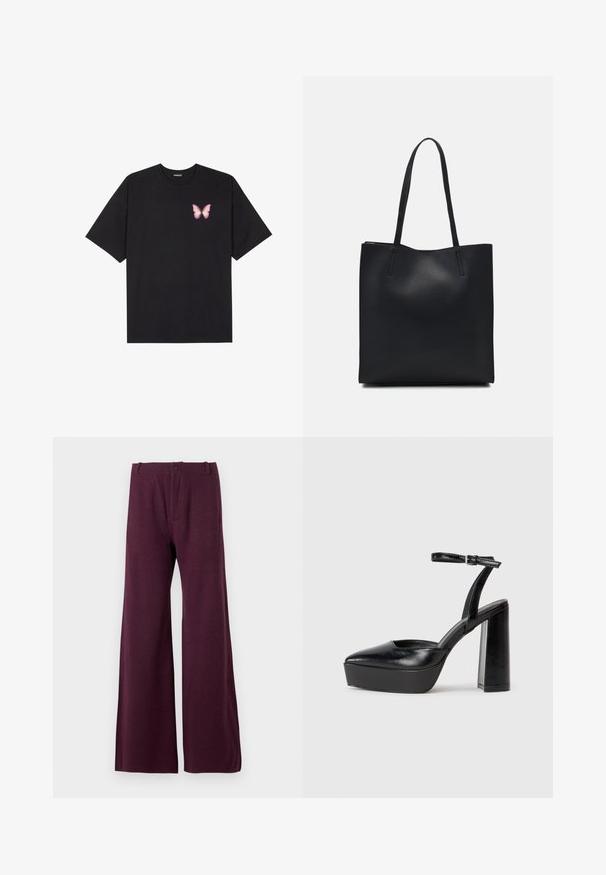 Black cotton t-shirt with short sleeves, featuring a small pink butterfly graphic on the left chest. Crew neck design with a relaxed fit.; Maroon wide-leg trousers made of a lightweight fabric. Features a front button and zipper closure, with a smooth, even texture.; Black platform heels with a pointed toe and adjustable ankle strap. Constructed from smooth leather, featuring a chunky block heel.; Black leather tote bag with smooth texture, rectangular shape, and two long handles. No visible hardware or embellishments.