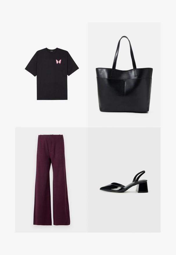 Black cotton t-shirt with short sleeves, featuring a small pink butterfly graphic on the left chest. Crew neck design with a relaxed fit.; Maroon wide-leg trousers made of a lightweight fabric. Features a front button and zipper closure, with a smooth, even texture.; Black patent leather slingback heels with a pointed toe and a geometric block heel. Features a sleek, minimal design and smooth texture.; Black leather tote bag with two long handles, a smooth texture, and a structured shape. Features a front pocket for additional storage.
