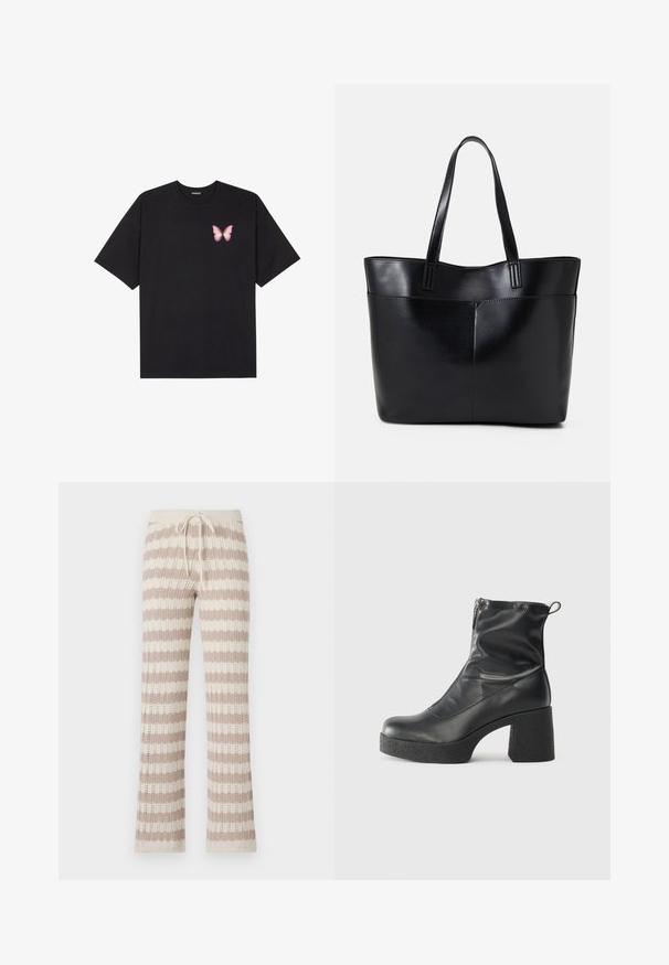 Juodas medvilnės marškinėliai trumpomis rankovėmis, su maža rožine drugelio grafika kairėje krūtinės pusėje. Apvalus kaklo iškirpimas, laisvas kirpimas.; Megztos atsipalaidavimo kelnės su smėlio ir kreminiu vertikaliu raštu, pasižyminčios raišteliu reguliuojamu liemeniu ir atviru mezgimo tekstūra.; Juodos kulkšninių botai, pagaminti iš lygaus odos, su šoniniu užtrauktuku, masyviu tekstūruotu kulnu ir apvaliu pirštu.; Juoda odinė rankinė su dviem ilgais diržais, lygiu paviršiumi ir struktūrizuota forma. Yra priekinė kišenė papildomam saugojimui.