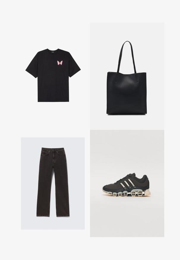 Černé bavlněné tričko s krátkým rukávem, na levém prsou s malou grafikou růžové motýlky. Design s kruhovým výstřihem a volným střihem.; Černé džíny s rovný střih, které mají přední kapsy, poutka na opasek a jemné švy. Vyrobeny z odolného bavlněného materiálu.; Černá atletická bota s texturovaným svrškem, třemi stříbrnými pruhy a výraznou odpruženou podrážkou se spoustou integrovaných sekcí.; Černá kožená taška přes rameno s hladkým povrchem, obdélníkovým tvarem a dvěma dlouhými uchy. Žádné viditelné kování ani ozdoby.