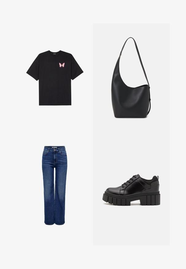 T-shirt nera in cotone con maniche corte, caratterizzata da una piccola grafica di una farfalla rosa sul lato sinistro del petto. Design a girocollo con una vestibilità rilassata.; Jeans a gamba larga a vita alta in denim blu scuro, con chiusura a bottone, cinque tasche e dettagli di cuciture a contrasto.; Scarpe platform in pelle nera con tacco a blocco robusto, punta rotonda e design tradizionale con lacci. Presentano una superficie liscia e dettagli minimi.; Borsa hobo nera in pelle con una superficie liscia, forma curvata e una singola tracolla regolabile; presenta un'ampia apertura nella parte superiore.