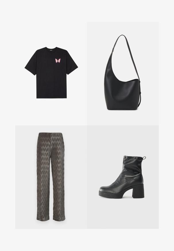 Fekete pamut póló rövid ujjakkal, bal mellkason egy kis rózsaszín pillangó grafikával. Kerek nyakú kialakítás, laza fazonnal.; Szürke, plissézett, bő szárú nadrág, texturált, gyémánt alakú mintával. Puha anyag, rugalmas derékbőség és rövidített hossz.; Fekete bokacsizmák sima bőrből, oldalsó cipzárral, vastag, texturált sarkú és lekerekített orrú dizájnnal.; Fekete bőr hobo táska sima textúrával, ívelt formával és egyetlen állítható pánttal; széles nyílás található a tetején.