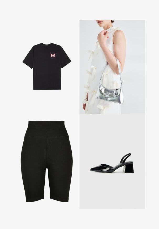 Juodas medvilnės marškinėliai trumpomis rankovėmis, su maža rožine drugelio grafika kairėje krūtinės pusėje. Apvalus kaklo iškirpimas, laisvas kirpimas.; Juodi aukšto liemens dviračių šortai, pagaminti iš tamprios medžiagos, turintys lygią tekstūrą ir siuvinėtą kraštą, sukurti patogumui ir judėjimo laisvei.; Juodos lakuotos odinės šlepetės su smailiu pirštu ir geometriniu bloko kulnu. Turi elegantišką, minimalistinį dizainą ir lygų paviršių.; Sidabrinė metalinė rankinė su struktūrizuota forma, turinti viršutinę rankeną ir kaspiną priekyje. Lygi tekstūra, atspindinti apdaila.