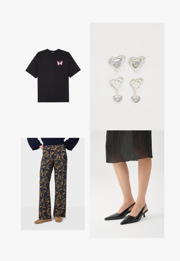 Black cotton t-shirt with short sleeves, featuring a small pink butterfly graphic on the left chest. Crew neck design with a relaxed fit.; Flared trousers featuring a floral navy pattern on a tan background, made of soft fabric with a smooth texture and wide leg design.; Black pointed-toe slingback heels with a glossy finish, slender heel, and open back design. Textured pattern on the upper material.; Silver heart-shaped earrings feature faceted clear stones, with a textured frame. The set includes stud and drop styles.