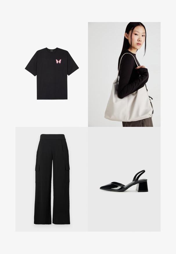 Czarny bawełniany t-shirt z krótkim rękawem, z małym różowym motylkiem na lewej piersi. Klasyczny dekolt z luźnym fasonem.; Czarne spodnie typu cargo o szerokich nogawkach, wykonane z gładkiego, elastycznego materiału. Posiadają dwie boczne kieszenie z patkami oraz wysoki stan.; Czarne lakierowane półbuty na obcasie z wydłużonym noskiem i geometrycznym słupkiem. Charakteryzują się eleganckim, minimalistycznym designem oraz gładką fakturą.; Beżowa torebka wykonana z miękkiego materiału, charakteryzująca się luźnym fasonem, wyszywanymi detalami i dwoma uchwytami na ramię. Idealna na co dzień.