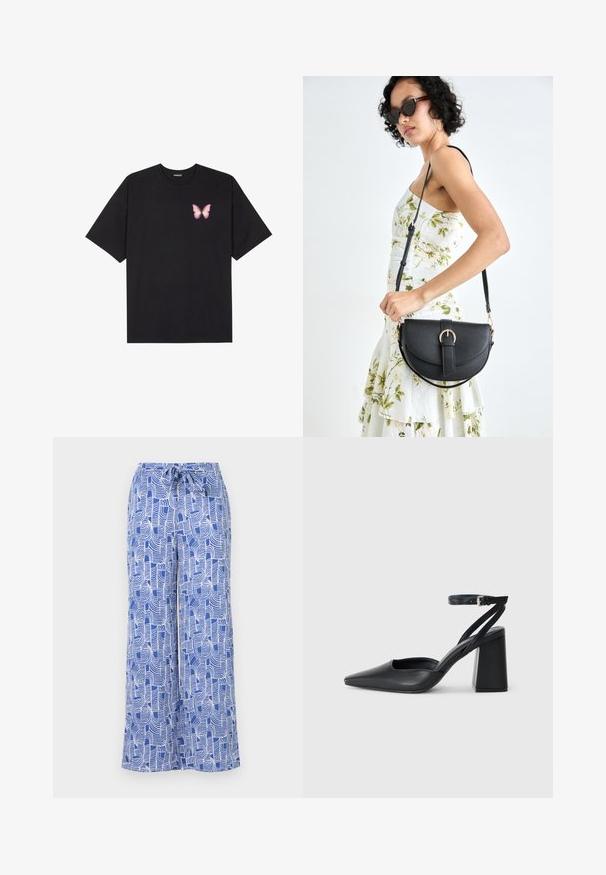 Svart bomulls T-skjorte med korte ermer, med en liten rosa sommerfugl grafikk på venstre bryst. Crew-neck design med en avslappet passform.; Blåmønstrede vide bukser med elastisk talje, lavet af letvægtsstof med hvide abstrakte linje designs.; Svart lær pumps med spiss tå, ankelrem og kraftig hæl. Flat tekstur, strømlinjeformet design og minimalisme.; Svart lærveske med en buet form, avtagbar stropp og gullbeslag. Vesken har et klaff med spenne-detall.