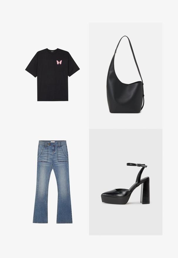 Fekete pamut póló rövid ujjakkal, bal mellkason egy kis rózsaszín pillangó grafikával. Kerek nyakú kialakítás, laza fazonnal.; Even&Odd Bootcut farmer - blue denim; Fekete platform magassarkú cipők hegyes orral és állítható bokapánttal. Sima bőrből készült, vastag talppal.; Fekete bőr hobo táska sima textúrával, ívelt formával és egyetlen állítható pánttal; széles nyílás található a tetején.