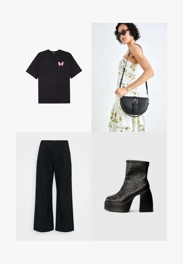 Must muströöpidega must puuvillane T-särk, vasakul rinnal on väike roosa liblikas. Ümar kaelus ja vabalt istuv lõige.; Mustad laiad püksid pehmest kangast, millel on lame eesmine osa, nähtavad voldid ja teksapaberite jaoks silmadega vöökoht.; Musthave mustad mustadade nahkkingad, millel on ümar varvas, sile tekstuur ja silmapaistev plokknakk. Omab külgkerimiseks. Minimalistlik disain.; Mustmust mustraha kõverate joontega, eemaldatava rihmaga ja kuldsete detailidega. Kotil on klapp, millel on pandladetail.