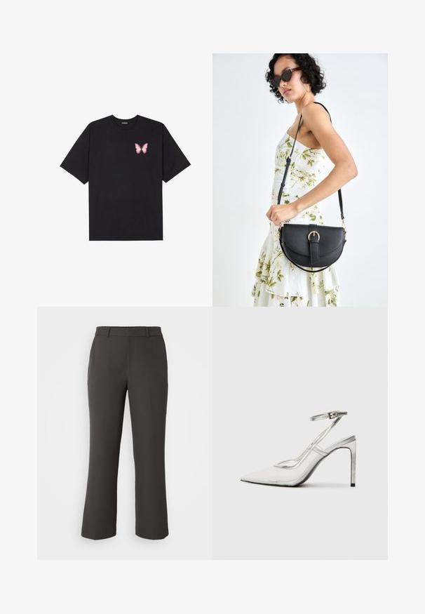 Black cotton t-shirt with short sleeves, featuring a small pink butterfly graphic on the left chest. Crew neck design with a relaxed fit.; Black, straight-leg trousers made of smooth fabric. Features a waistband, front pockets, and a clean, tailored design without patterns.; Clear stiletto heel shoe with a pointed toe, transparent material, metallic silver accents, and adjustable ankle strap.; Black leather handbag with a curved shape, detachable strap, and gold hardware. The bag features a flap with a buckle detail.