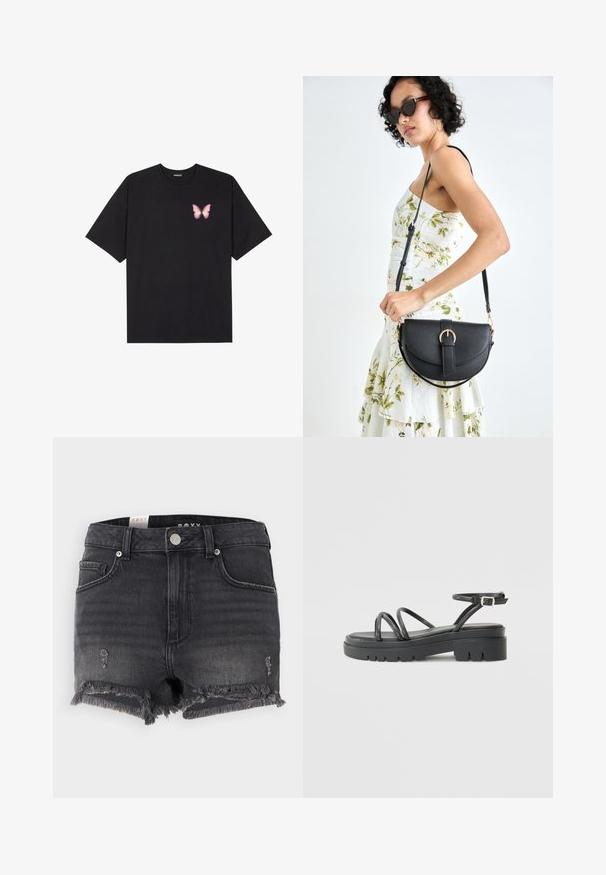 Schwarzes Baumwoll-T-Shirt mit kurzen Ärmeln, das ein kleines pinkes Schmetterlingsmotiv auf der linken Brust zeigt. Crewneck-Design mit einem entspannten Schnitt.; Schwarze Jeans-Shorts mit fransigem Saum, used-Look und metallischem Knopfverschluss. Sie verfügen über ein klassisches Design und einen Fünf-Taschen-Stil.; Schwarze Riemchensandale mit einer stabilen Sohle, ausgestattet mit dünnen Riemen und einem Schnallenknöchelriemen. Glatte Textur mit einem robusten Sohlenprofil.; Schwarze Lederhandtasche mit geschwungener Form, abnehmbarem Tragegurt und goldenen Beschlägen. Die Tasche verfügt über einen Deckel mit einer Schnallen-Details.