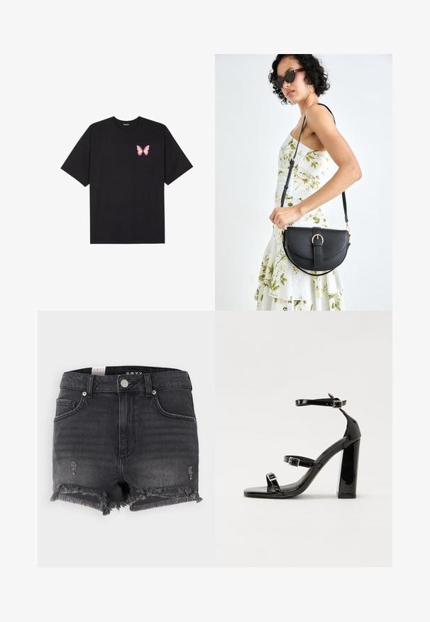 Schwarzes Baumwoll-T-Shirt mit kurzen Ärmeln, das ein kleines pinkes Schmetterlingsmotiv auf der linken Brust zeigt. Crewneck-Design mit einem entspannten Schnitt.; Schwarze Jeans-Shorts mit fransigem Saum, used-Look und metallischem Knopfverschluss. Sie verfügen über ein klassisches Design und einen Fünf-Taschen-Stil.; Schwarze Lackleder-Sandalen mit hohen Absätzen, zwei Riemen mit Schnallen, quadratischer Zehenpartie und klobigem Blockabsatz, mit einer glatten, glänzenden Textur.; Schwarze Lederhandtasche mit geschwungener Form, abnehmbarem Tragegurt und goldenen Beschlägen. Die Tasche verfügt über einen Deckel mit einer Schnallen-Details.