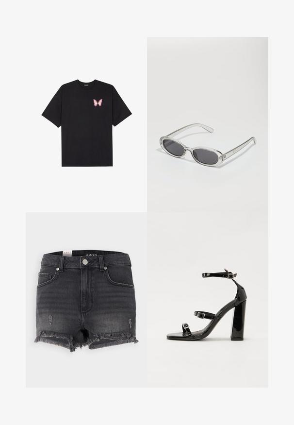 Schwarzes Baumwoll-T-Shirt mit kurzen Ärmeln, das ein kleines pinkes Schmetterlingsmotiv auf der linken Brust zeigt. Crewneck-Design mit einem entspannten Schnitt.; Schwarze Jeans-Shorts mit fransigem Saum, used-Look und metallischem Knopfverschluss. Sie verfügen über ein klassisches Design und einen Fünf-Taschen-Stil.; Schwarze patentierte Sandalen mit Absatz, quadratischer Spitze, Knöchelriemen und silbernen Schnallen. Mit einem stabilen Blockabsatz für mehr Stabilität.; Sonnenbrille mit ovaler Form, klarem Kunststoffrahmen, dunkelgrauen Gläsern und dünnen transparenten Bügeln mit Logo-Akzenten und minimalen Details.