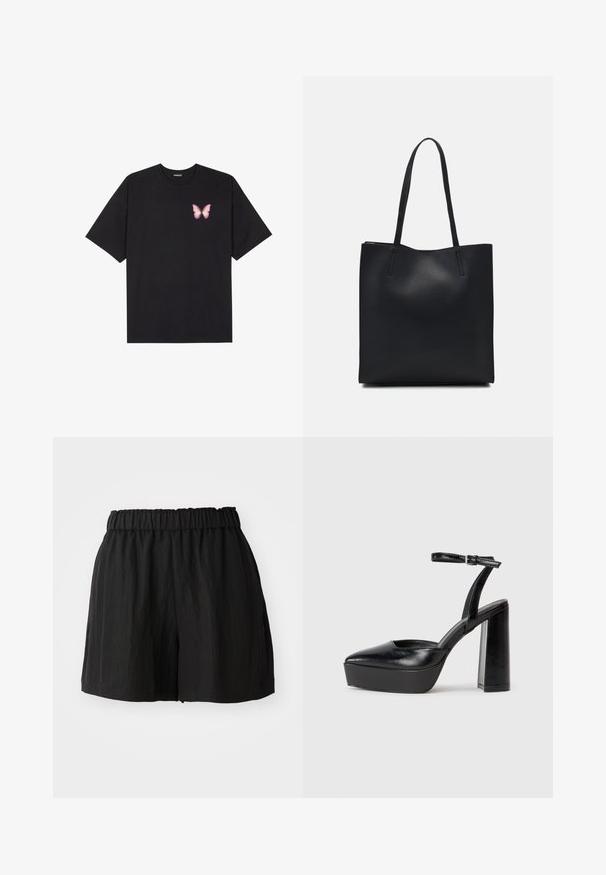 Czarny bawełniany t-shirt z krótkim rękawem, z małym różowym motylkiem na lewej piersi. Klasyczny dekolt z luźnym fasonem.; Czarne szorty z elastycznym pasem, o luźnym kroju, gładkiej fakturze i długości do kolan. Brak widocznych wzorów czy elementów metalowych.; Czarne platformy na wysokim obcasie z szpiczastym noskiem i regulowanym paskiem na kostkę. Wykonane z gładkiej skóry, z grubym słupkowym obcasem.; Czarna skórzana torba tote o gładkiej fakturze, prostokątnym kształcie i dwóch długich uchwytach. Brak widocznych elementów metalowych i ozdób.
