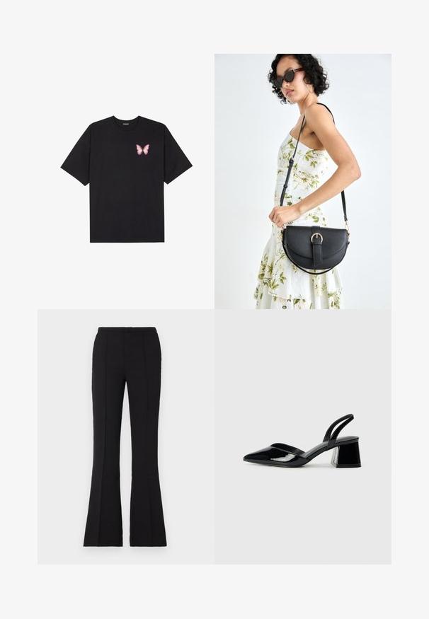 Juodas medvilnės marškinėliai trumpomis rankovėmis, su maža rožine drugelio grafika kairėje krūtinės pusėje. Apvalus kaklo iškirpimas, laisvas kirpimas.; Juodos plačių kojų kelnės iš lygaus audinio, su prigludusia talija, priekinėmis siūlėmis ir lengvu išsiplėtimu nuo kelio.; Juodos lakuotos odinės šlepetės su smailiu pirštu ir geometriniu bloko kulnu. Turi elegantišką, minimalistinį dizainą ir lygų paviršių.; Juodas odinis krepšys su išlenkta forma, nuimamu dirželiu ir auksiniais detalėmis. Krepšys turi kilpą su sagtimi.