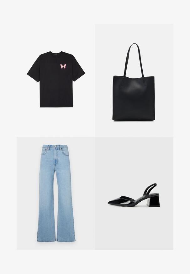 Camiseta de algodón negra de manga corta, con un pequeño gráfico de mariposa rosa en el lado izquierdo del pecho. Diseño de cuello redondo con un corte relajado.; Vaqueros de un azul claro con un diseño de pierna ancha, hechos de mezclilla. Presenta un cierre de botón, cinco bolsillos y detalles de costura mínimos.; Zapatos de tacón slingback de charol negro con punta afilada y tacón geométrico en bloque. Presentan un diseño elegante y minimalista, así como una textura suave.; Bolso tote de cuero negro con textura lisa, forma rectangular y dos asas largas. Sin herrajes ni adornos visibles.