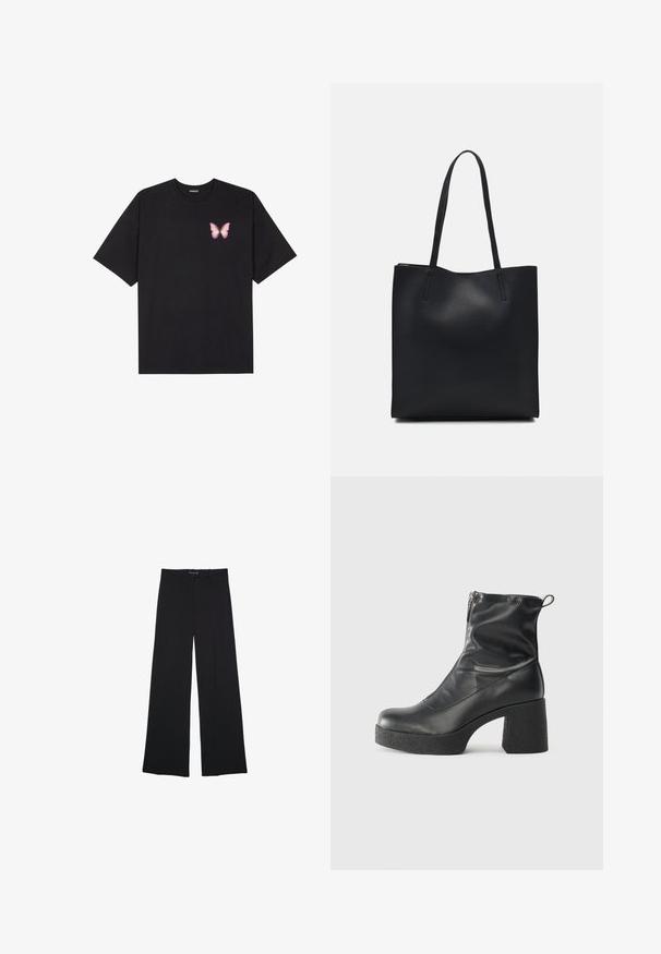 Črna bombažna majica s kratkimi rokavi, ki ima majhen roza metuljček na levi strani prsnega dela. Majica s krožnim ovratnikom in sproščenim krojem.; Črne široke hlače iz gladkega blaga. Imajo klasičen kroj, sprednje žepke in pas z zapiranjem na gumb.; Črne gležnjarje iz gladke kože z božnim zadrgo, masivnim teksturiranim peto in zaobljeno obliko prstov.; Črna usnjena torba s svilnato teksturo, pravokotne oblike in dvema dolgima ročajema. Brez vidnih metalnih delov ali okrasnih elementov.