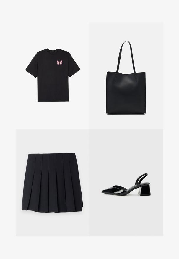 Black cotton t-shirt with short sleeves, featuring a small pink butterfly graphic on the left chest. Crew neck design with a relaxed fit.; Black pleated skirt made from soft fabric. Features vertical seams and an elastic waistband for comfort. Mid-thigh length, minimalistic design.; Black patent leather slingback heels with a pointed toe and a geometric block heel. Features a sleek, minimal design and smooth texture.; Black leather tote bag with smooth texture, rectangular shape, and two long handles. No visible hardware or embellishments.