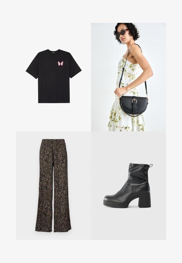 Black cotton t-shirt with short sleeves, featuring a small pink butterfly graphic on the left chest. Crew neck design with a relaxed fit.; Wide-leg pants featuring a leopard print pattern in black and brown hues, made from lightweight fabric with an elastic waistband.; Black ankle boots made of smooth leather, featuring a side zipper, chunky textured heel, and rounded toe design.; Black leather handbag with a curved shape, detachable strap, and gold hardware. The bag features a flap with a buckle detail.