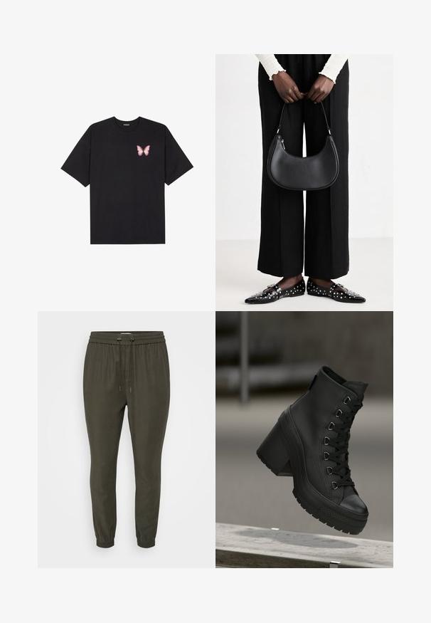 Svart bomulls T-skjorte med korte ermer, med en liten rosa sommerfugl grafikk på venstre bryst. Crew-neck design med en avslappet passform.; Mørkegrønne joggebukser med snor i livet, smalnet fishtail og en glatt, lett tekstur. Enkelt og funksjonelt design.; Sorte høyhælte plattformstøvler i svart med teksturert lærfinish, snøring foran og chunky hæl. Har en gummisåle med distinkte mønstre.; Svart skinn skulderveske med en avrundet form, glanset overflate og sølvfargede detaljer. Person iført sorte vide bukser og naglede loafers.